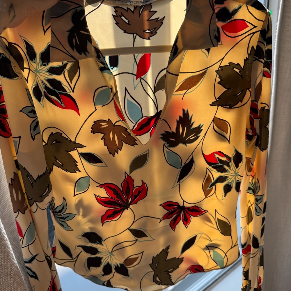 Diane Von Furstenberg Cream and Brown Floral Blouse